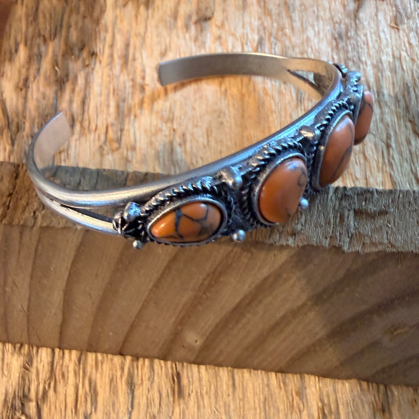 Navajo Style Orange Turquoise Stone Silver Metal Bangle Bracelet Silver Elegant