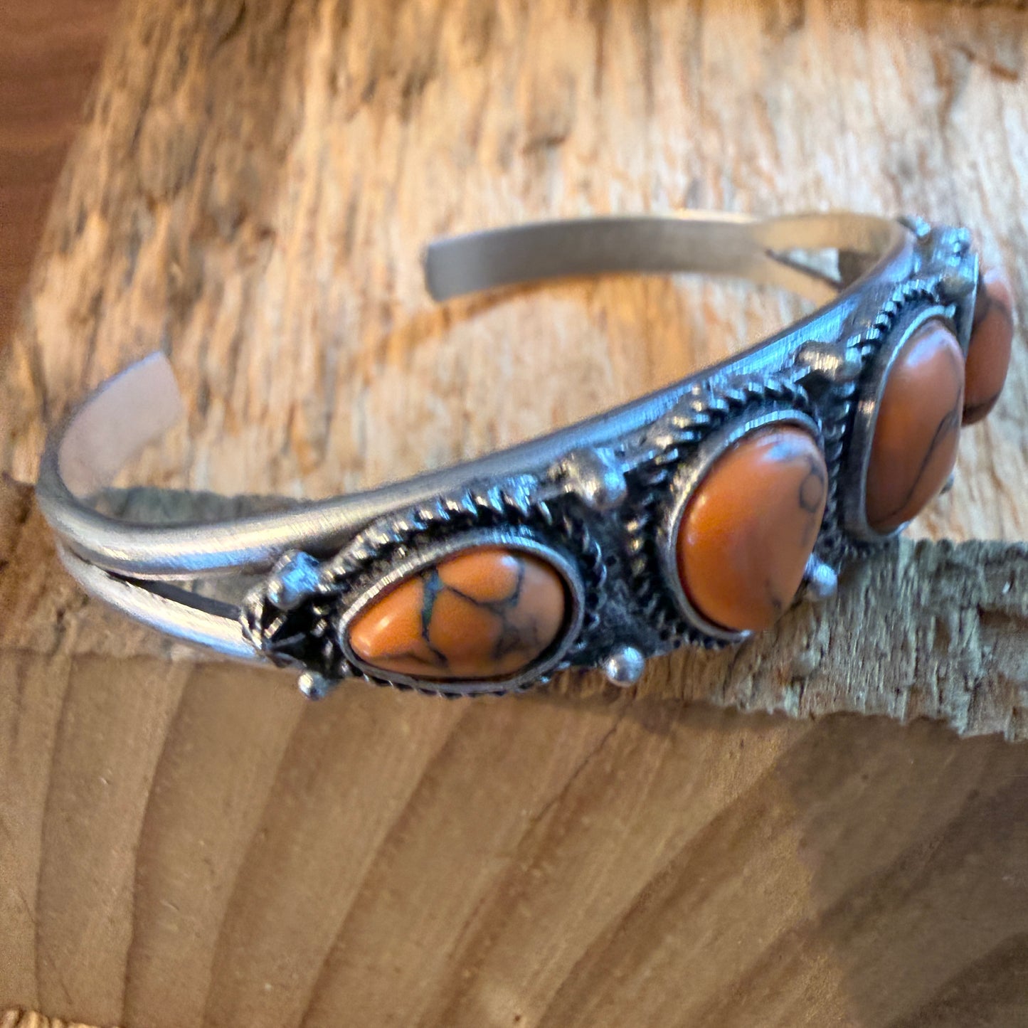 Navajo Style Orange Turquoise Stone Silver Metal Bangle Bracelet Silver Elegant