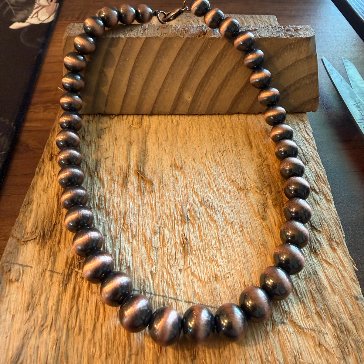 Navajo Style Faux COPPER Pearl Bead Choker Necklace 15 Inch Length, 10mm Beads Silver Elegant