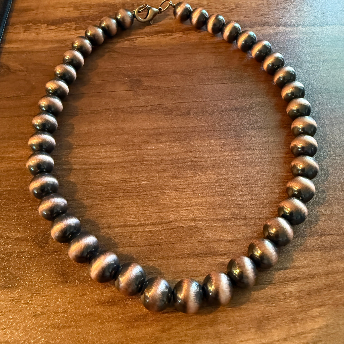 Navajo Style Faux COPPER Pearl Bead Choker Necklace 15 Inch Length, 10mm Beads Silver Elegant