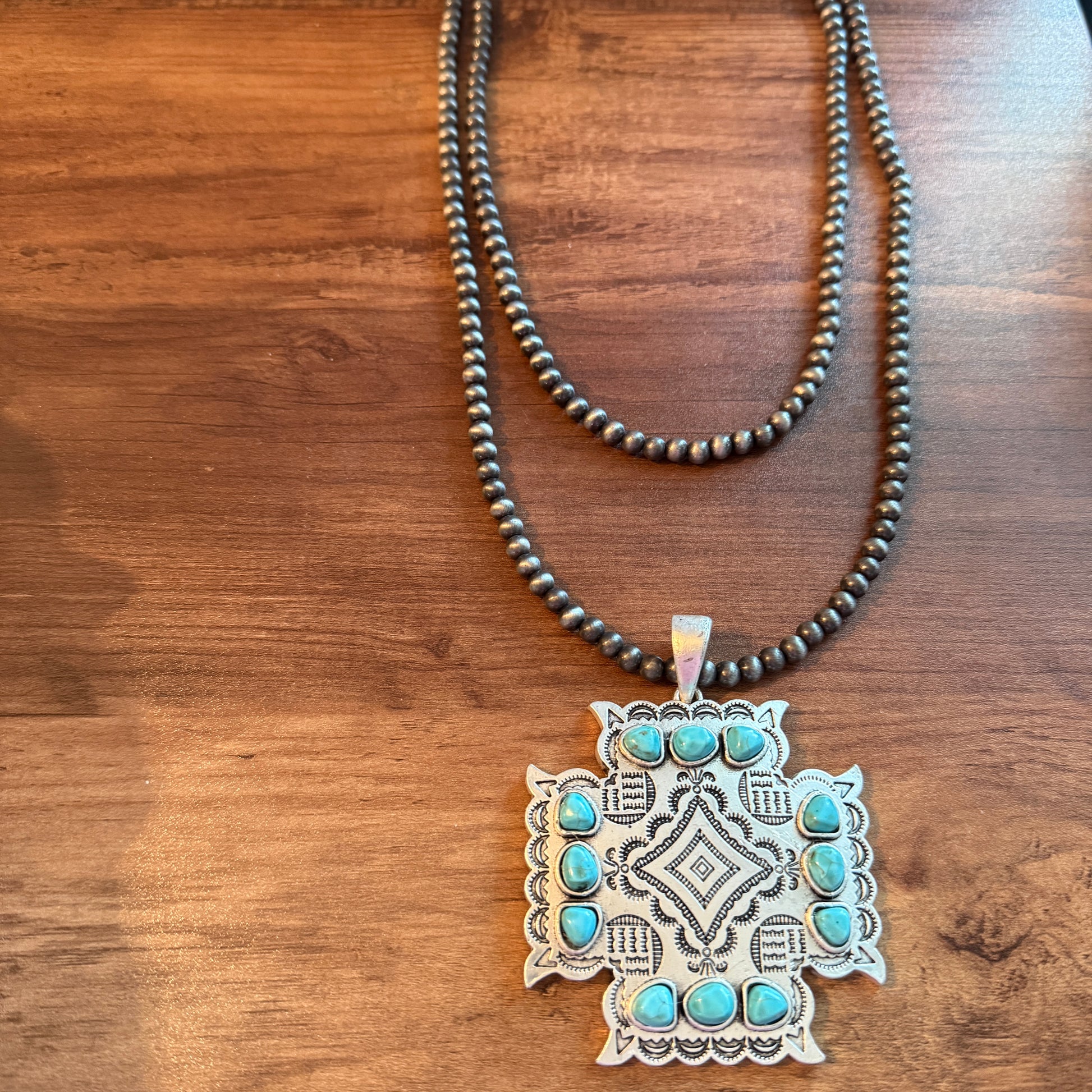 Aztec Turquoise Two Strand Necklace 24 Inch Handmade Silver Elegant