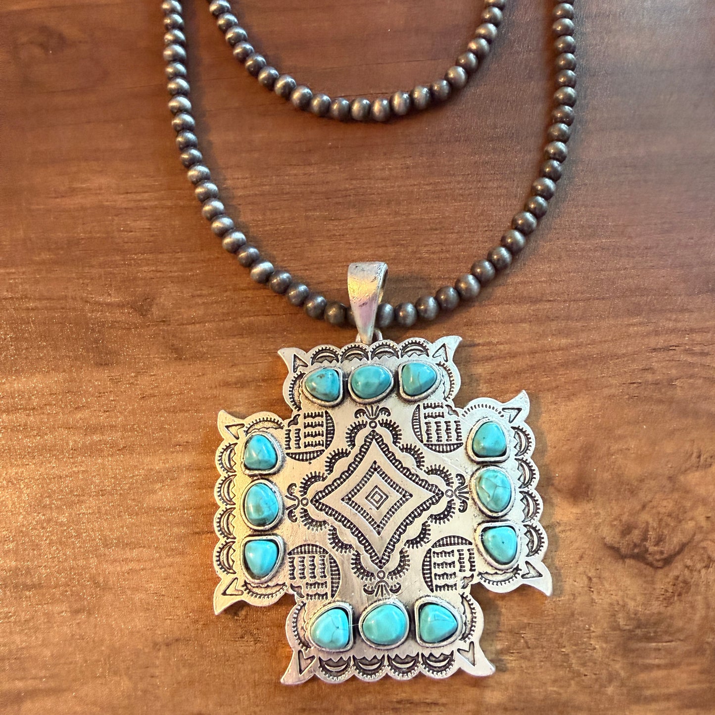 Aztec Turquoise Two Strand Necklace 24 Inch Handmade Silver Elegant