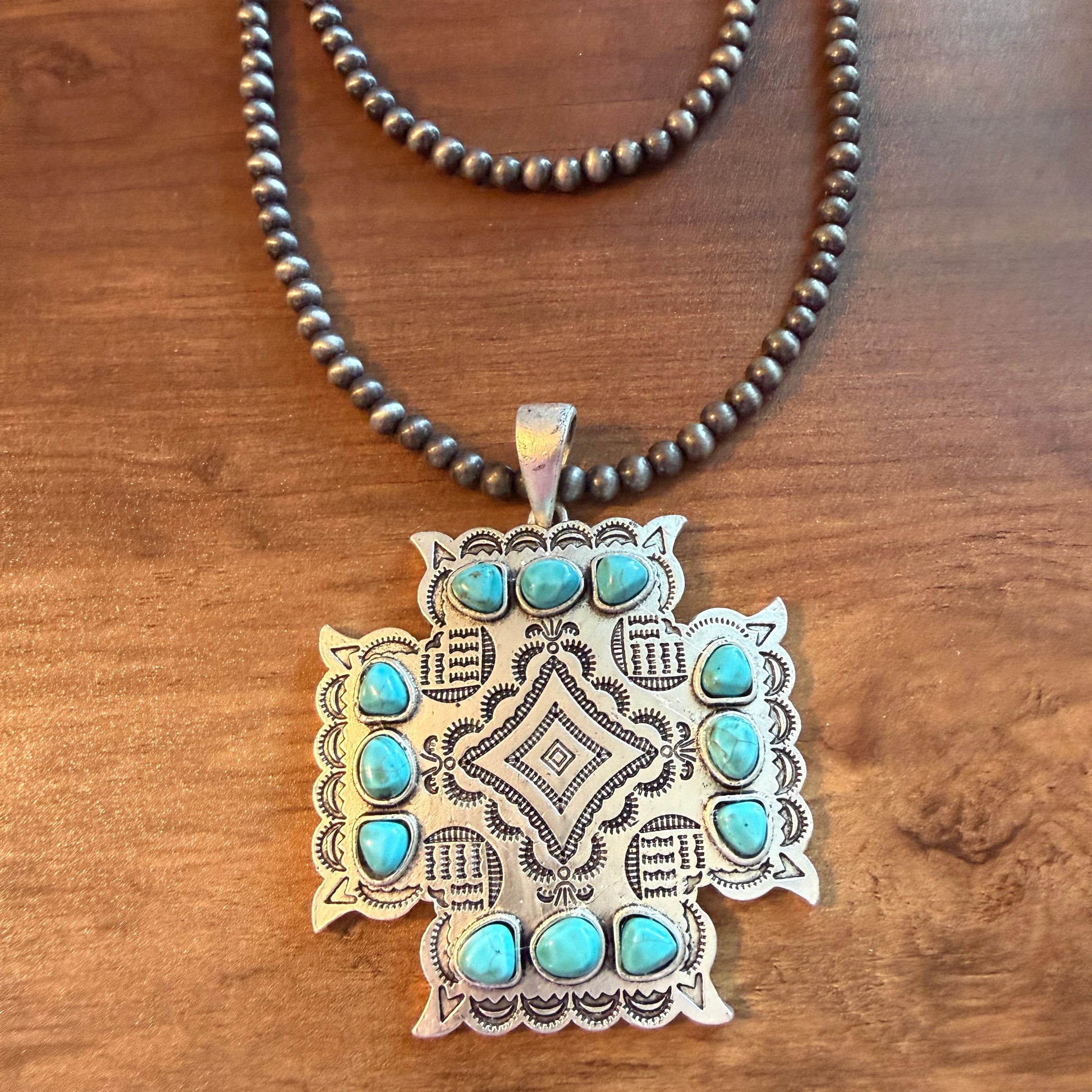 Aztec Turquoise Two Strand Necklace 24 Inch Handmade Silver Elegant