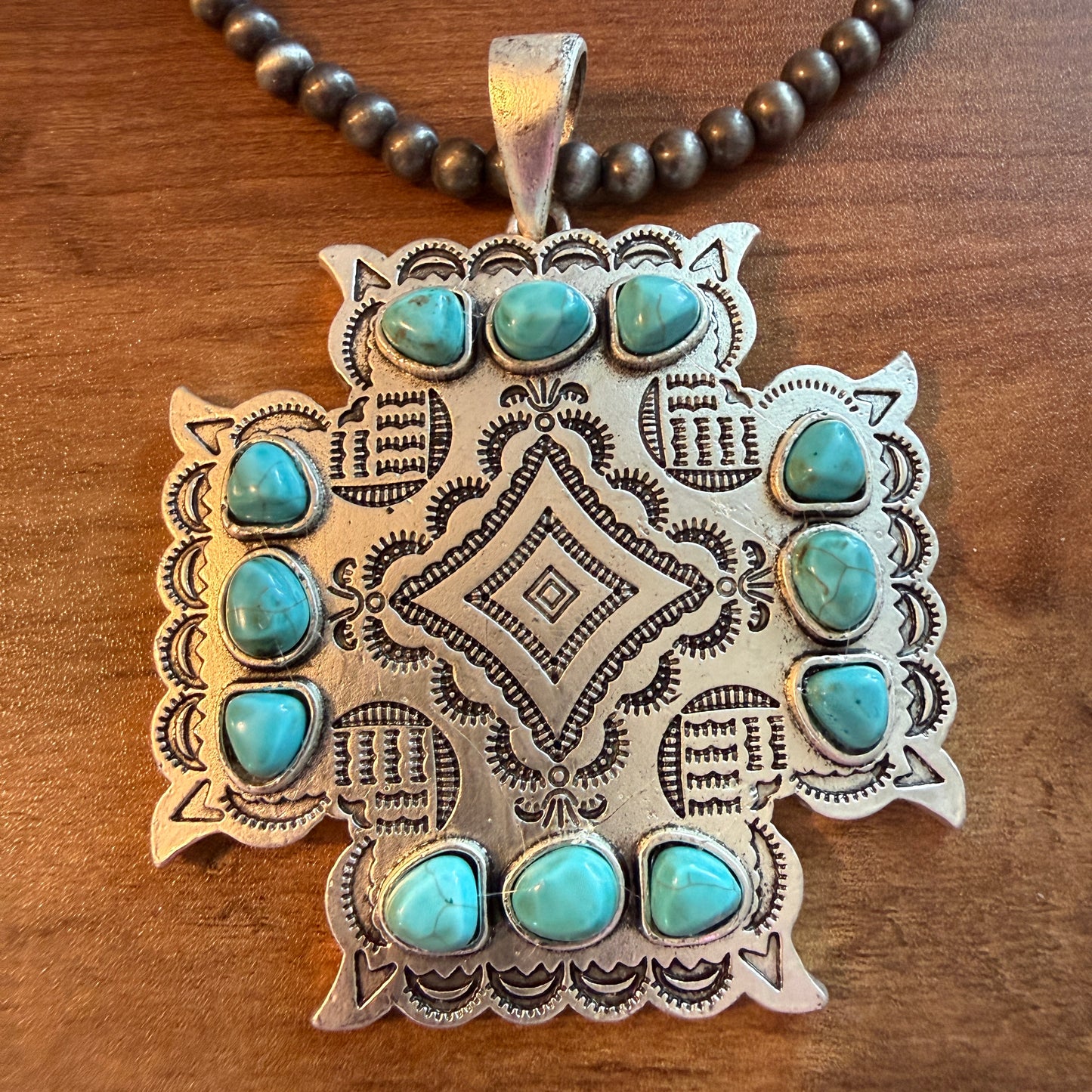 Aztec Turquoise Two Strand Necklace 24 Inch Handmade Silver Elegant