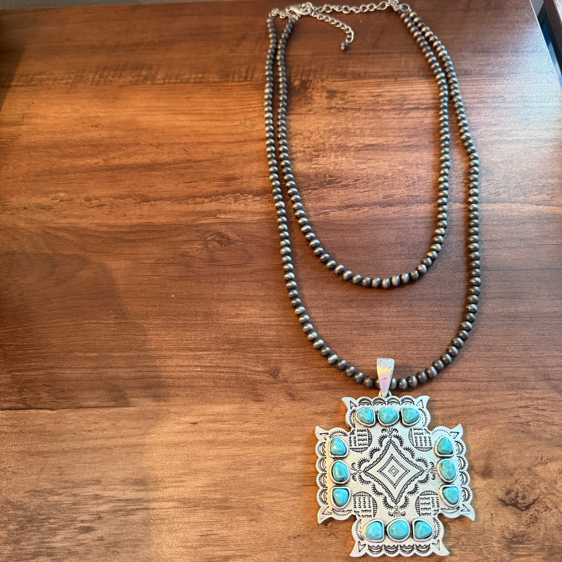 Aztec Turquoise Two Strand Necklace 24 Inch Handmade Silver Elegant