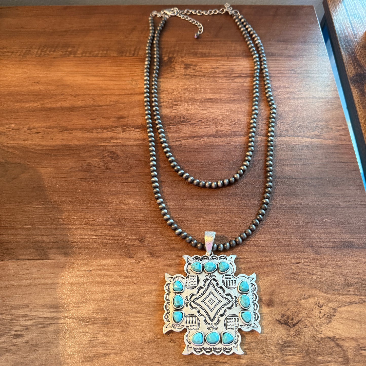 Aztec Turquoise Two Strand Necklace 24 Inch Handmade Silver Elegant