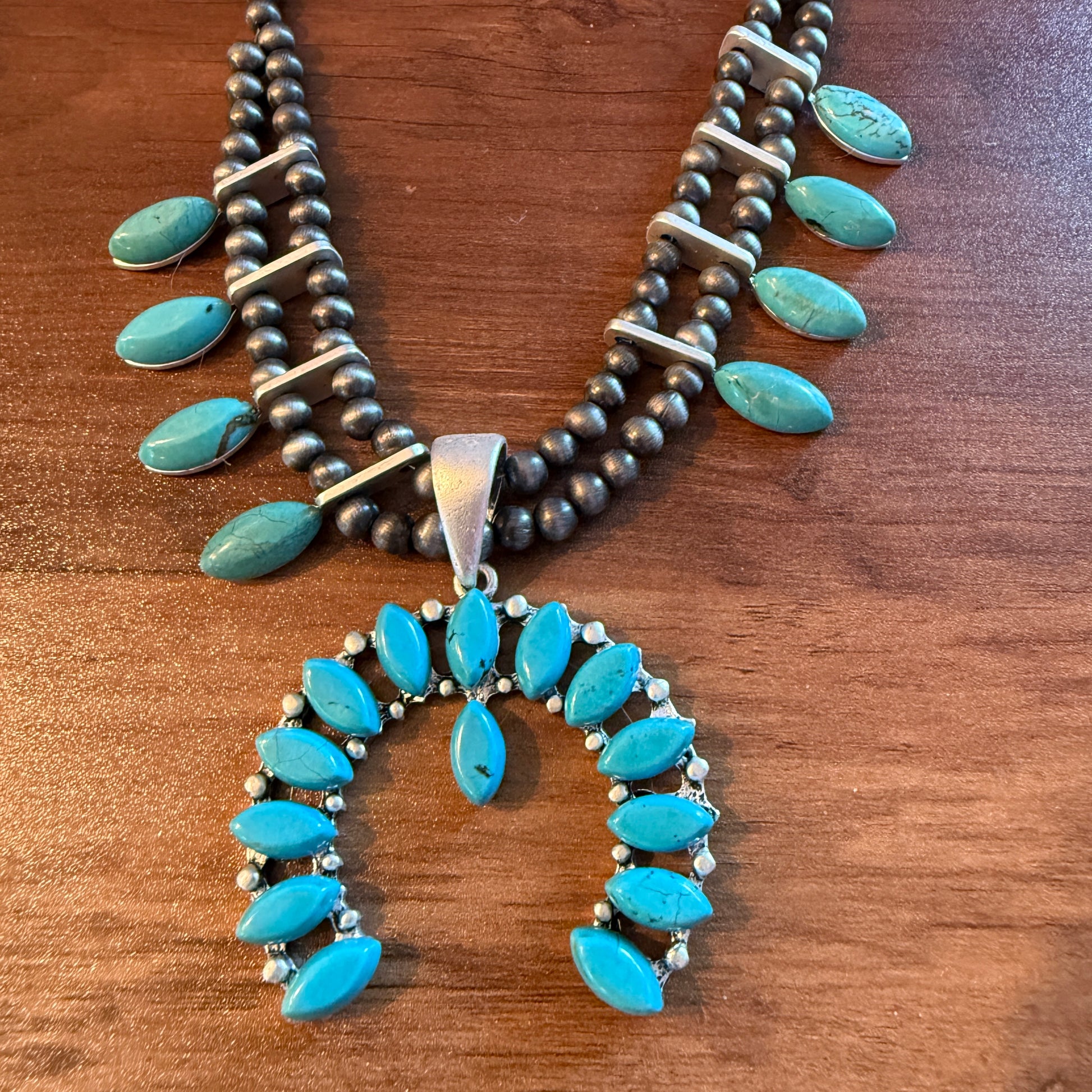 Squash Blossom Turquoise Necklace 18 to 23 Inch Extender Silver Elegant