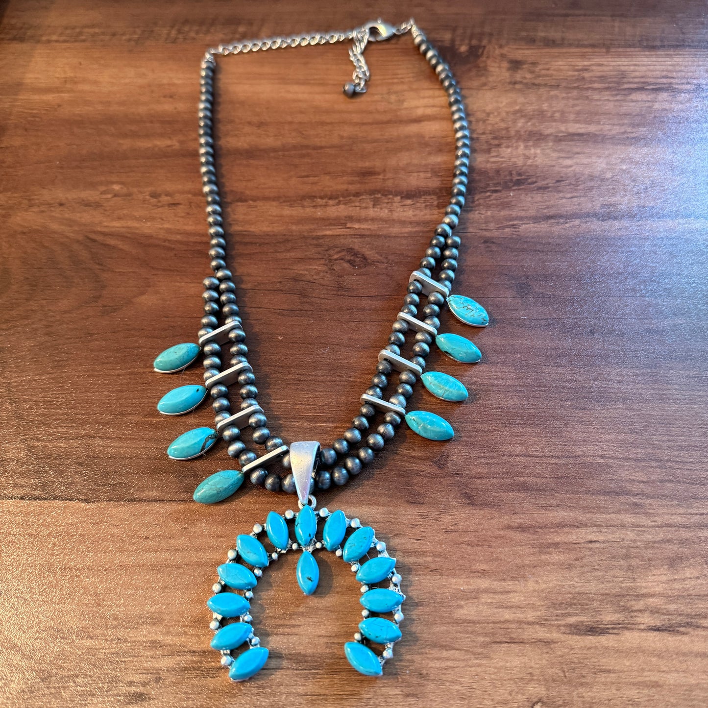 Squash Blossom Turquoise Necklace 18 to 23 Inch Extender Silver Elegant