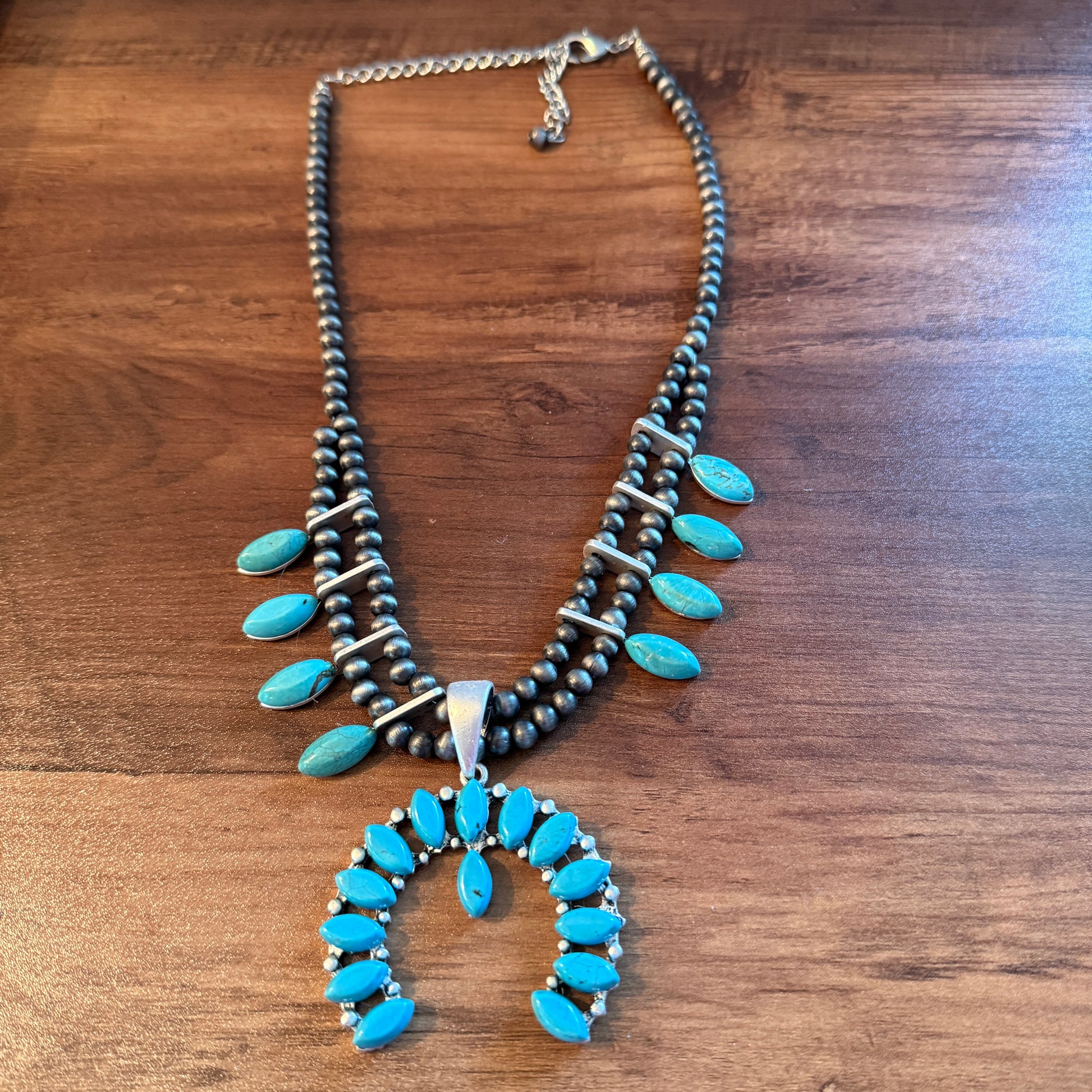 Squash Blossom Turquoise Necklace 18 to 23 Inch Extender Silver Elegant