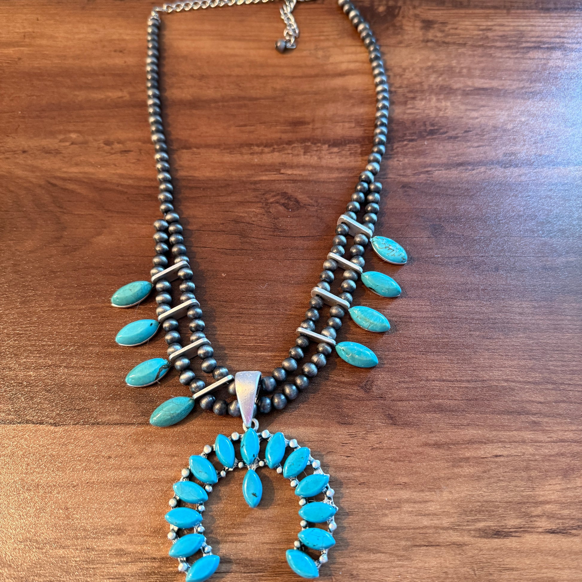 Squash Blossom Turquoise Necklace 18 to 23 Inch Extender Silver Elegant