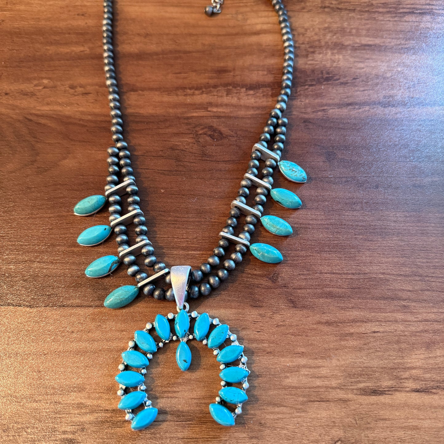Squash Blossom Turquoise Necklace 18 to 23 Inch Extender Silver Elegant