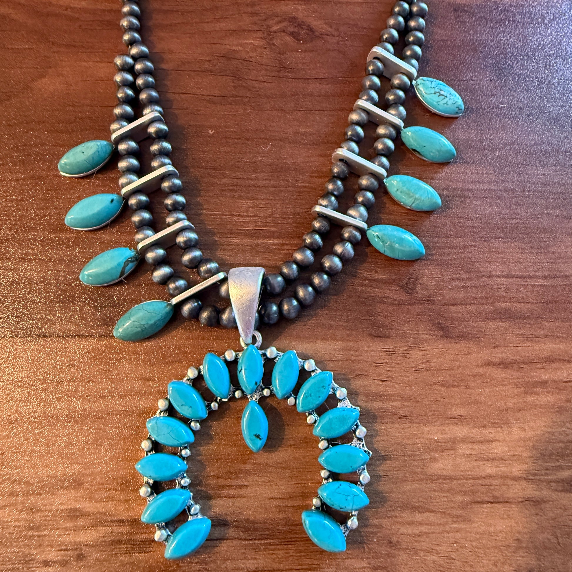 Squash Blossom Turquoise Necklace 18 to 23 Inch Extender Silver Elegant