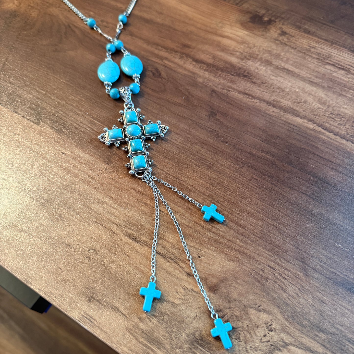 Turquoise Religion Cross Necklace With Tassel Extender 26 To 31 In Silver Elegant