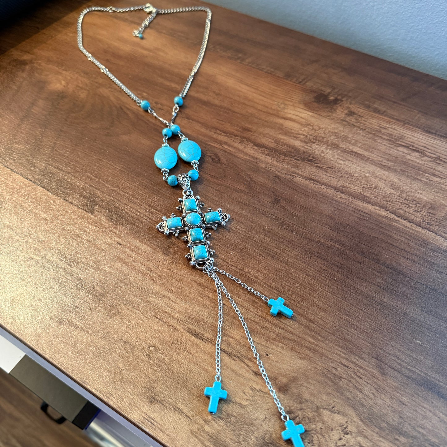 Turquoise Religion Cross Necklace With Tassel Extender 26 To 31 In Silver Elegant