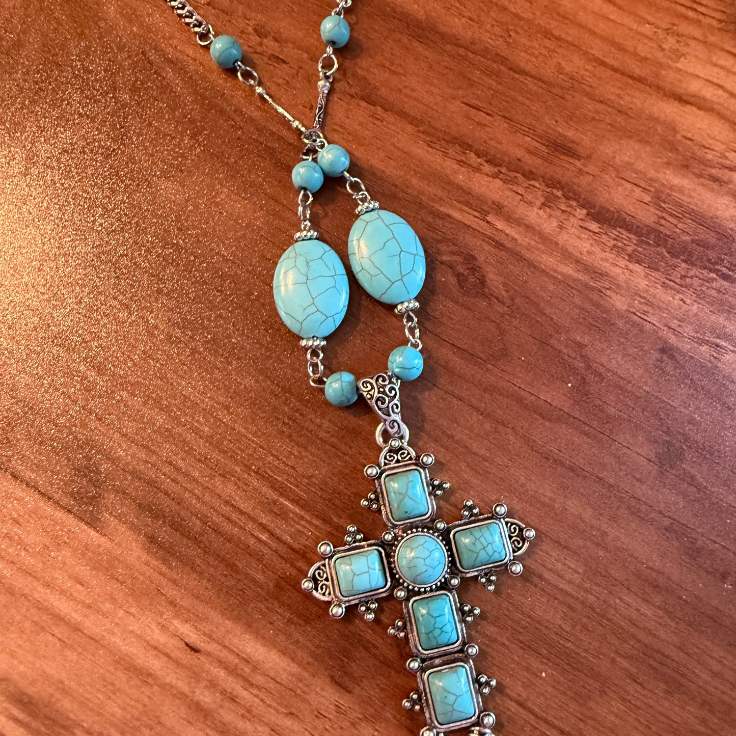Turquoise Religion Cross Necklace With Tassel Extender 26 To 31 In Silver Elegant