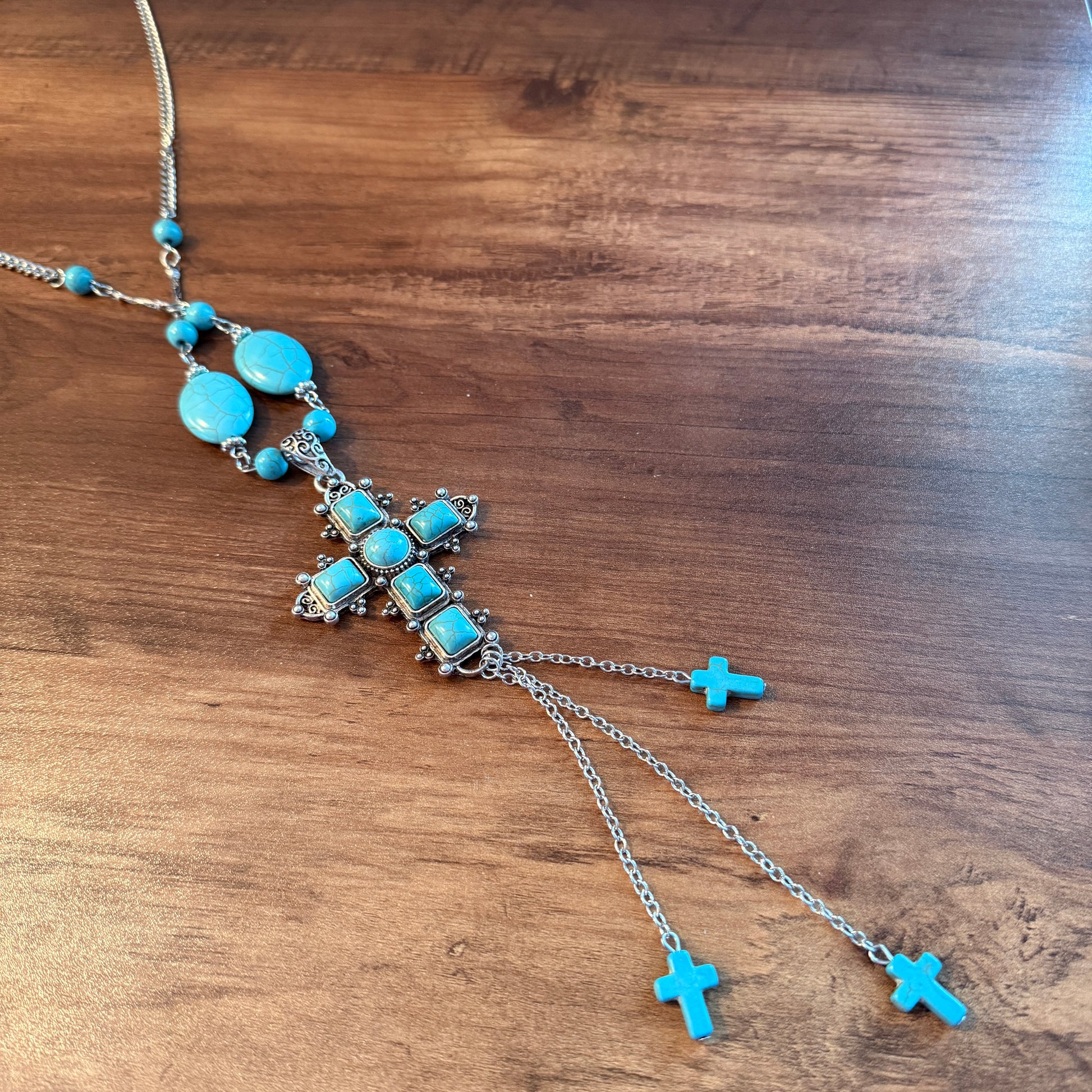 Turquoise Religion Cross Necklace With Tassel Extender 26 To 31 In Silver Elegant