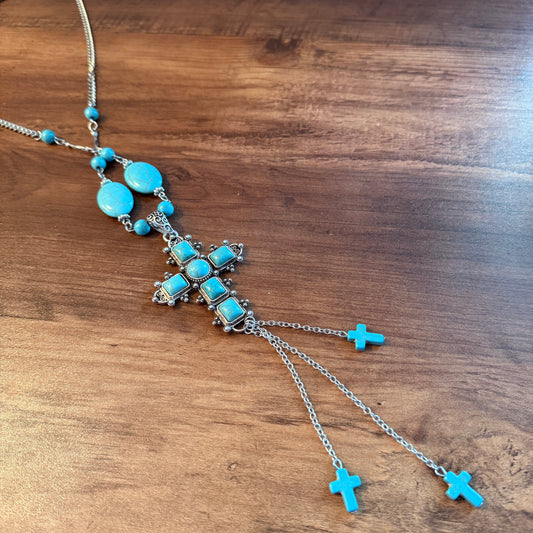 Turquoise Religion Cross Necklace With Tassel Extender 26 To 31 In Silver Elegant