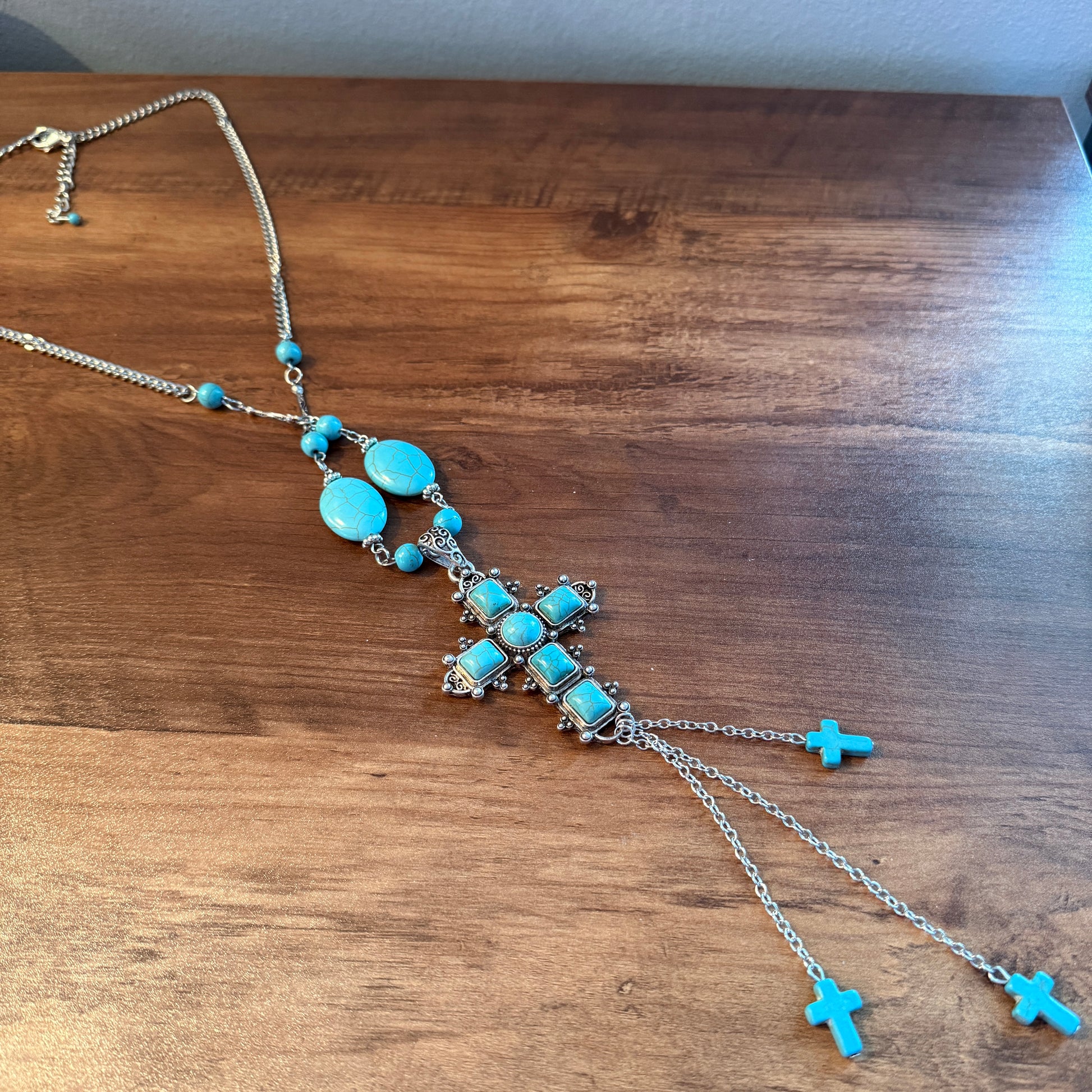 Turquoise Religion Cross Necklace With Tassel Extender 26 To 31 In Silver Elegant