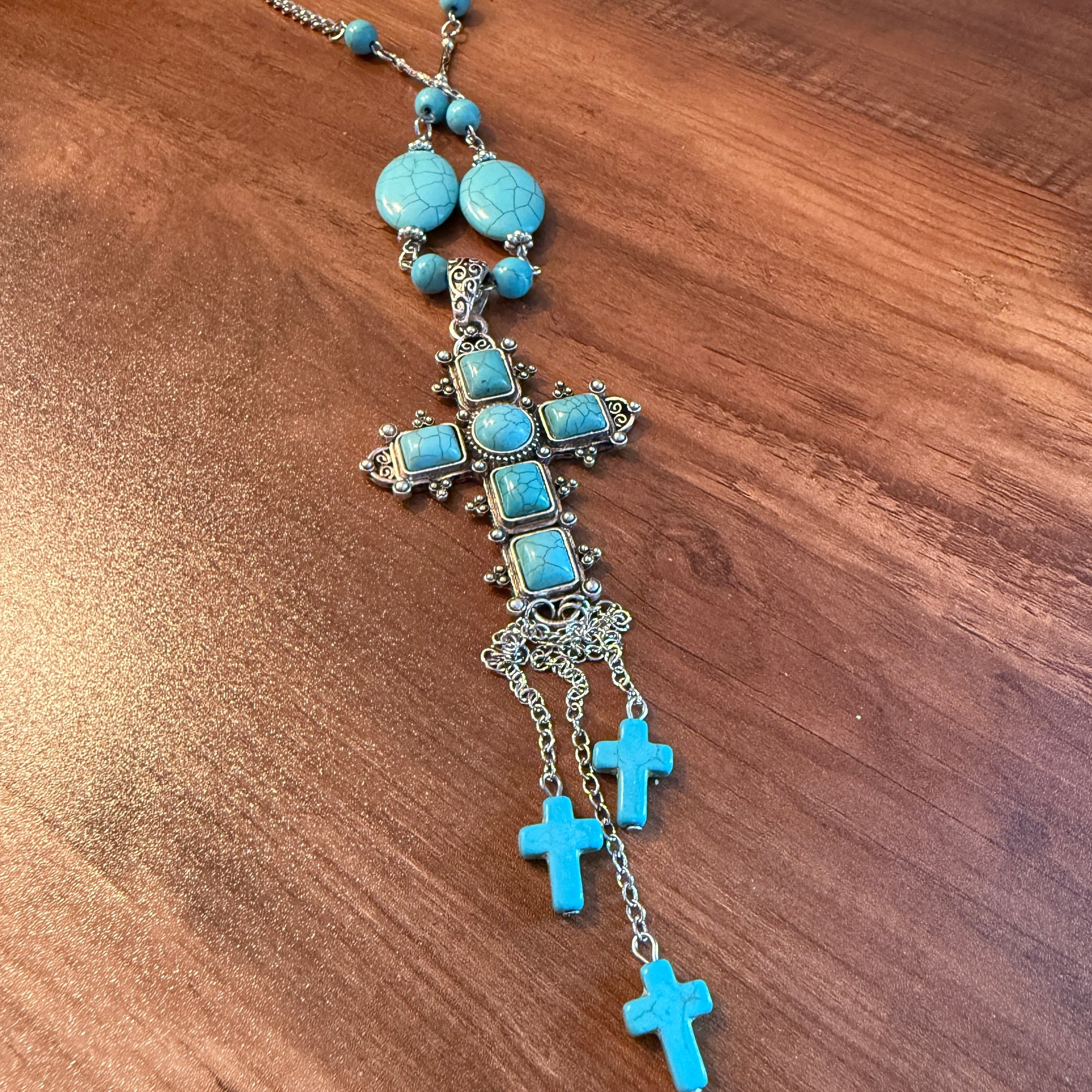 Turquoise Religion Cross Necklace With Tassel Extender 26 To 31 In Silver Elegant