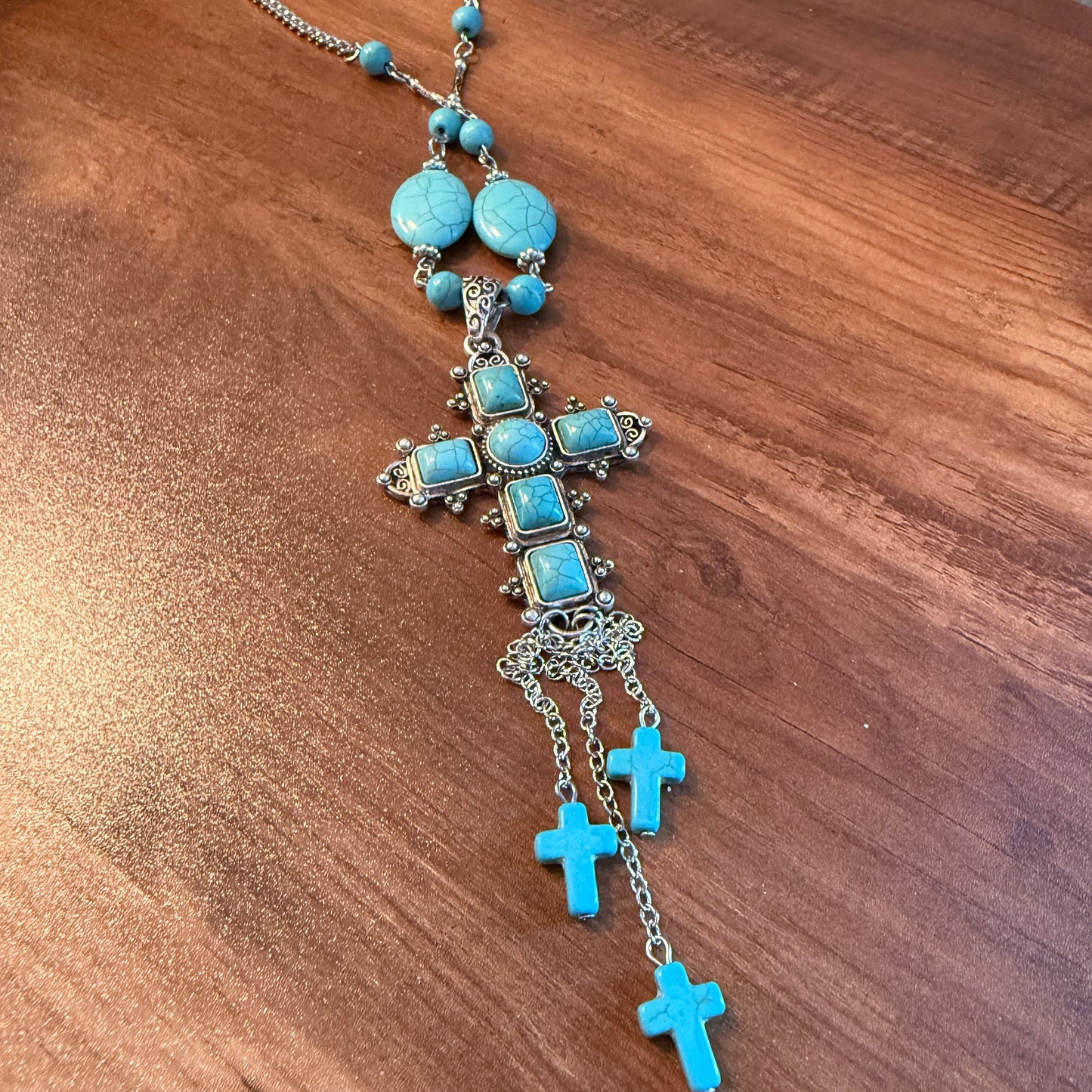 Turquoise Religion Cross Necklace With Tassel Extender 26 To 31 In Silver Elegant
