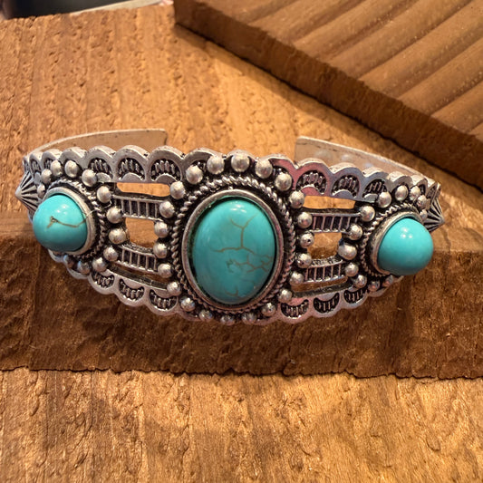 Navajo Style Turquoise Stone Laced Mixed Metals Cuff Bracelet Silver Elegant