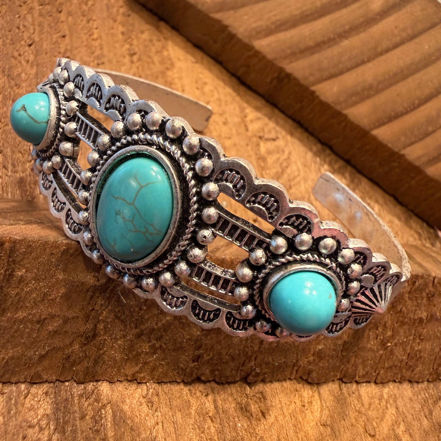 Navajo Style Turquoise Stone Laced Mixed Metals Cuff Bracelet Silver Elegant
