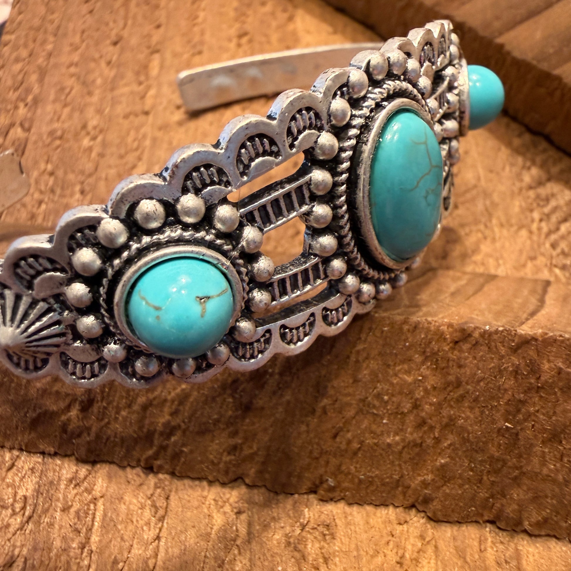 Navajo Style Turquoise Stone Laced Mixed Metals Cuff Bracelet Silver Elegant