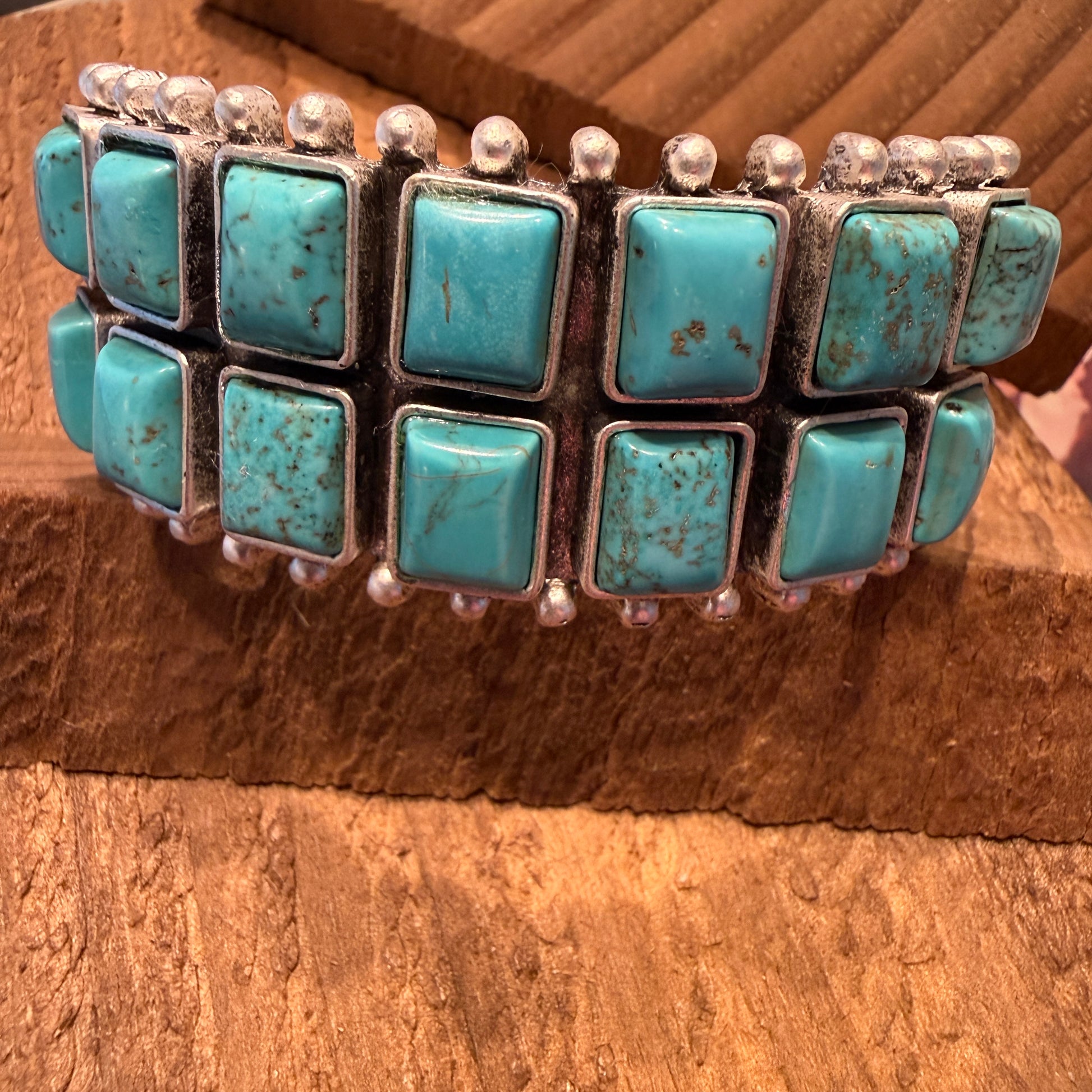 Navajo Style Double Row Turquoise Natural Stone Cuff Bracelet With Mixed Metals Silver Elegant