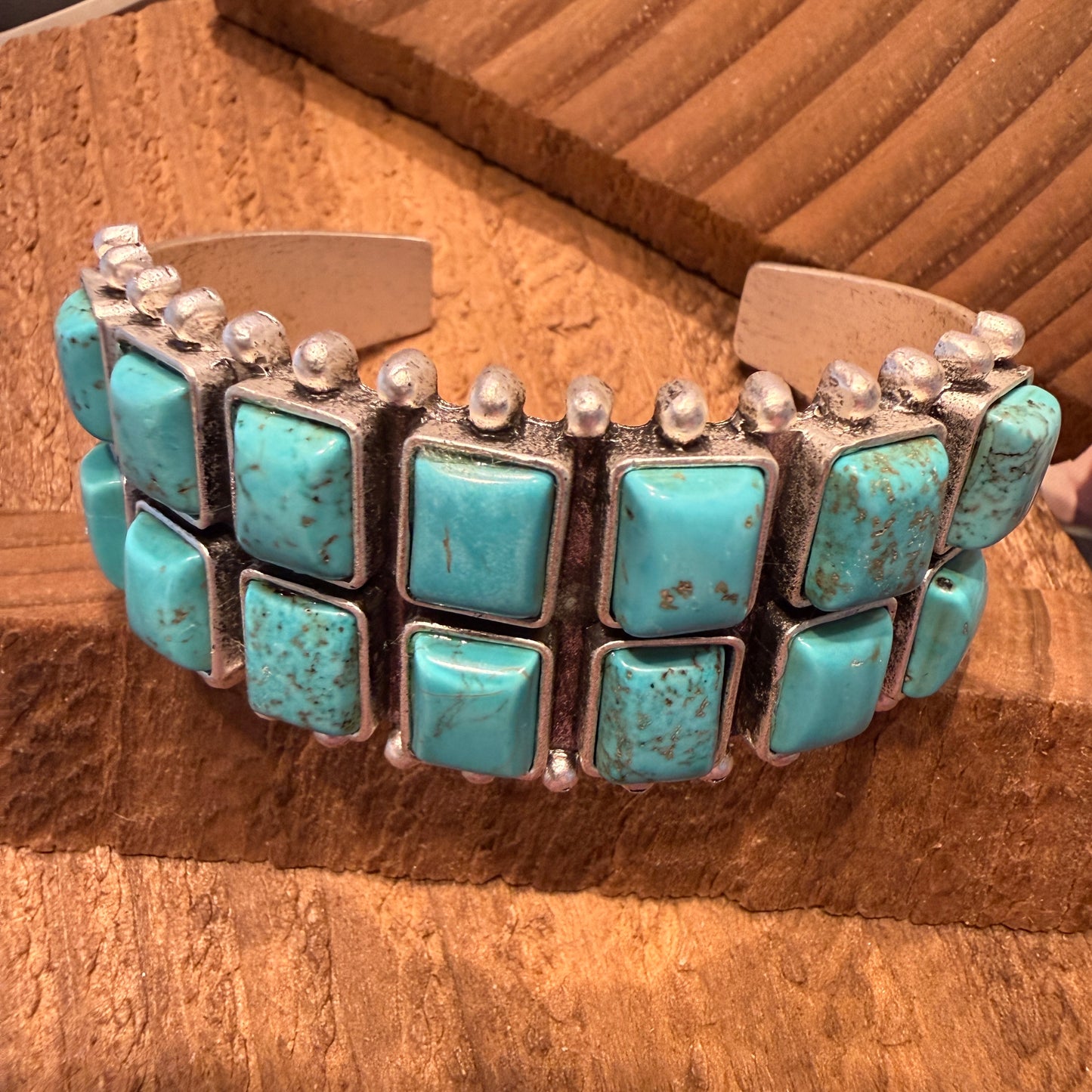 Navajo Style Double Row Turquoise Natural Stone Cuff Bracelet With Mixed Metals Silver Elegant