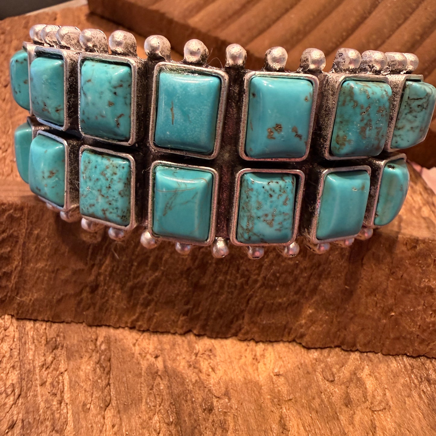 Navajo Style Double Row Turquoise Natural Stone Cuff Bracelet With Mixed Metals Silver Elegant