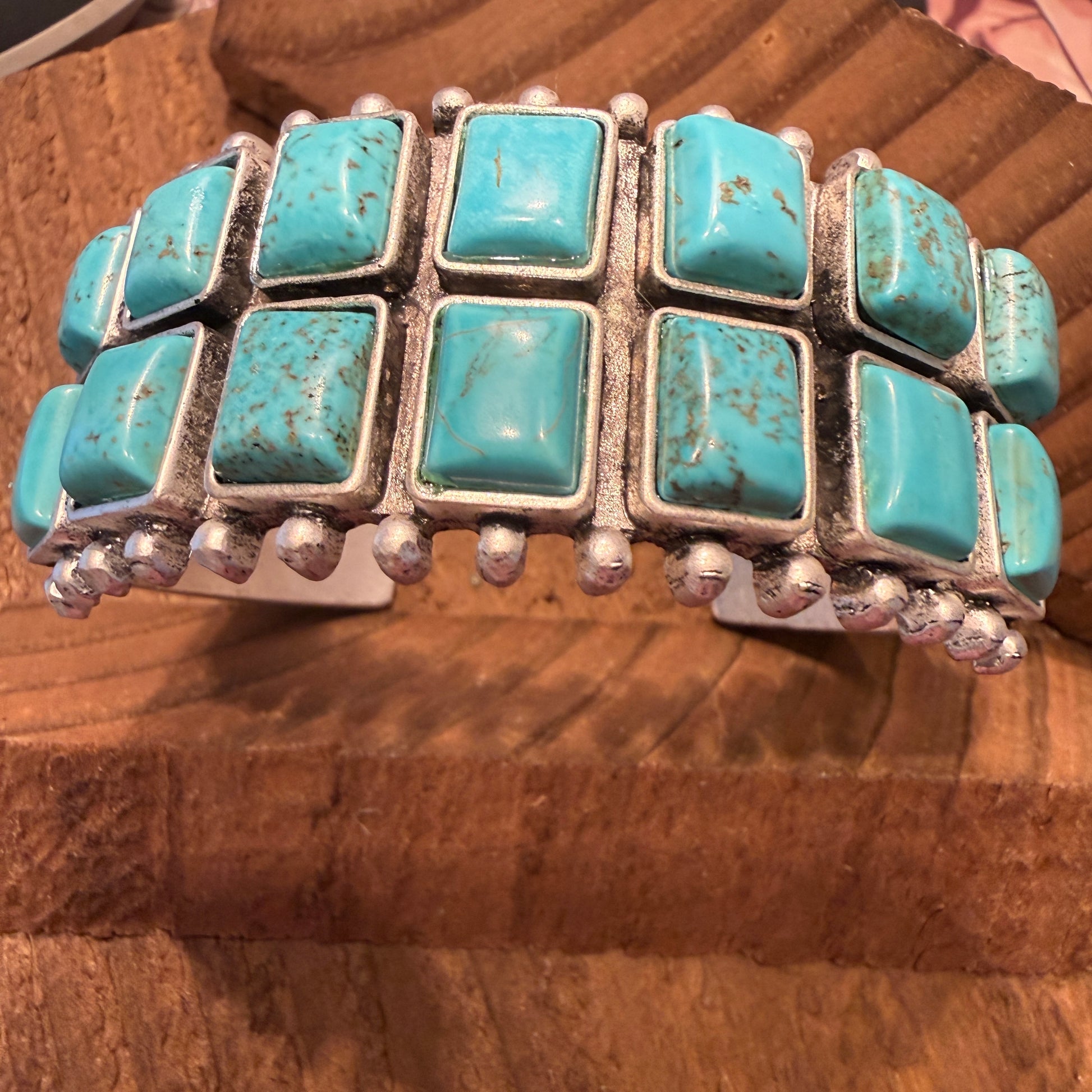 Navajo Style Double Row Turquoise Natural Stone Cuff Bracelet With Mixed Metals Silver Elegant