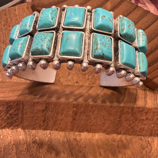 Navajo Style Double Row Turquoise Natural Stone Cuff Bracelet With Mixed Metals Silver Elegant