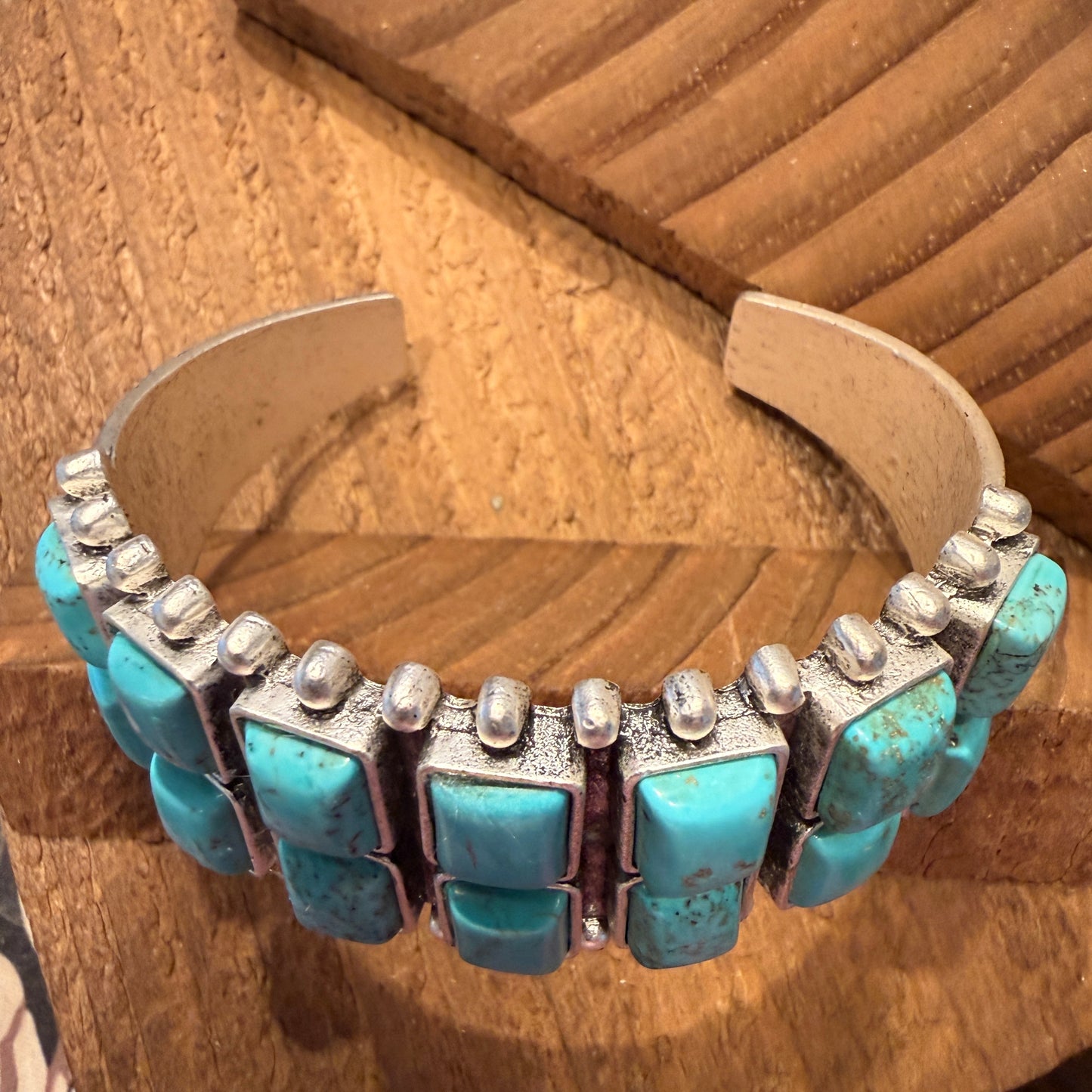 Navajo Style Double Row Turquoise Natural Stone Cuff Bracelet With Mixed Metals Silver Elegant