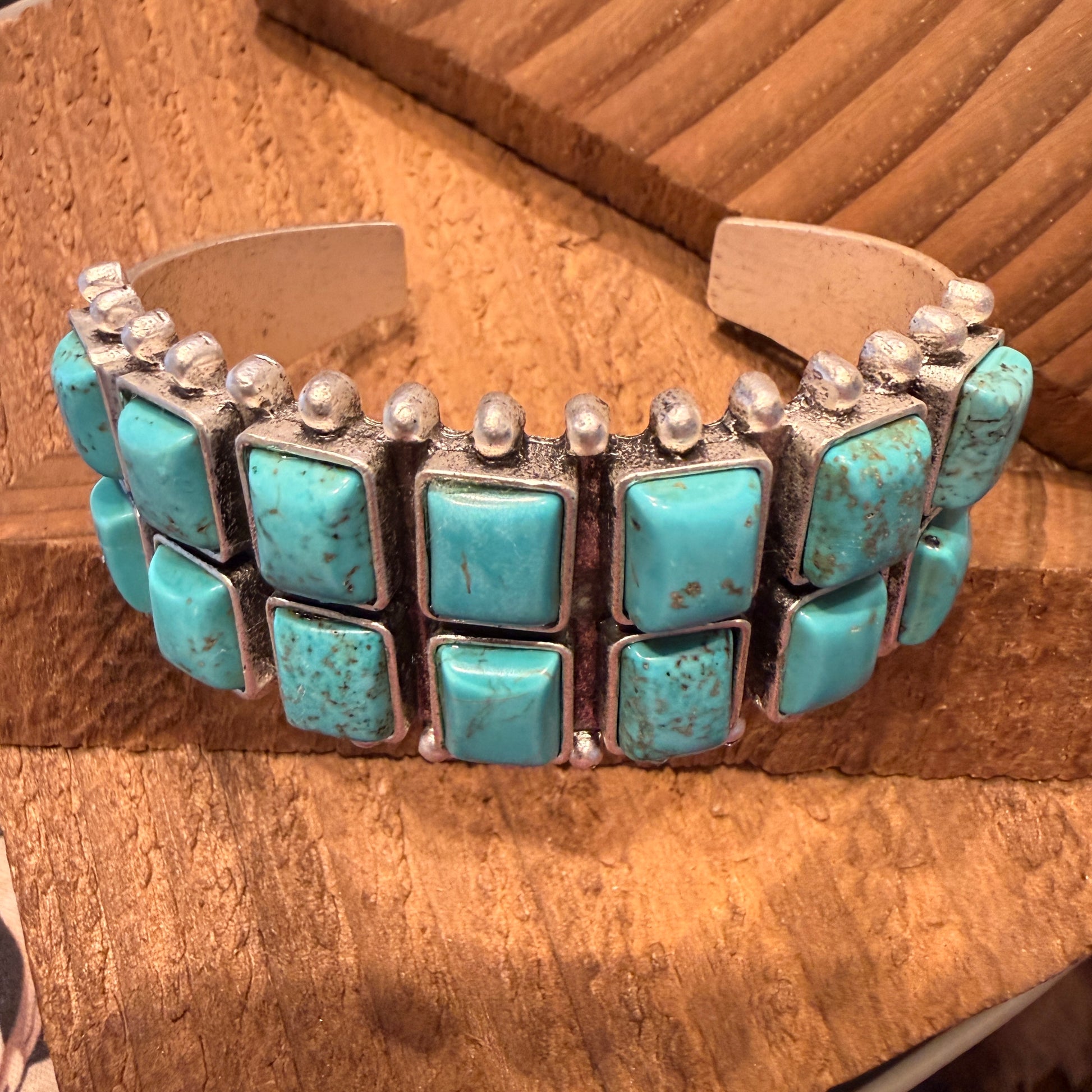 Navajo Style Double Row Turquoise Natural Stone Cuff Bracelet With Mixed Metals Silver Elegant