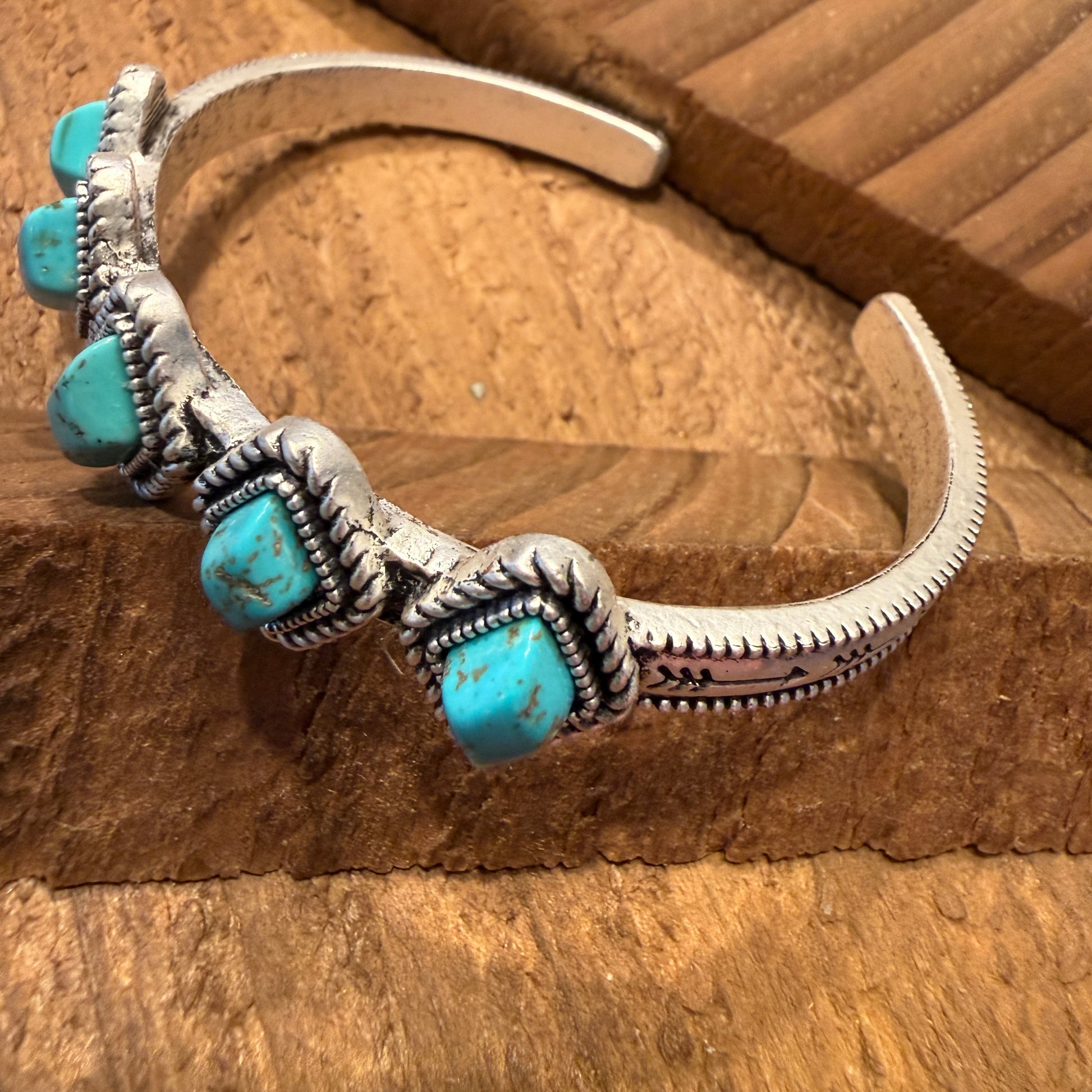 Navajo Style Turquoise Natural Stone Cuff Bracelet Mixed Metals Bangle Wild West Boho