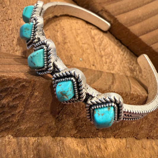 Navajo Style Turquoise Natural Stone Cuff Bracelet Mixed Metals Bangle Wild West Boho