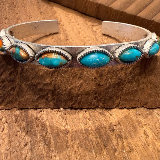 Navajo Style Turquoise Stone Bangle Bracelet Mixed Metals Silver Elegant