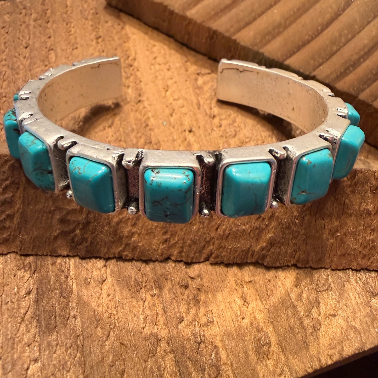 Southwestern Navajo Style Square Turquoise Stone Mixed Metals Bangle Bracelet Silver Elegant