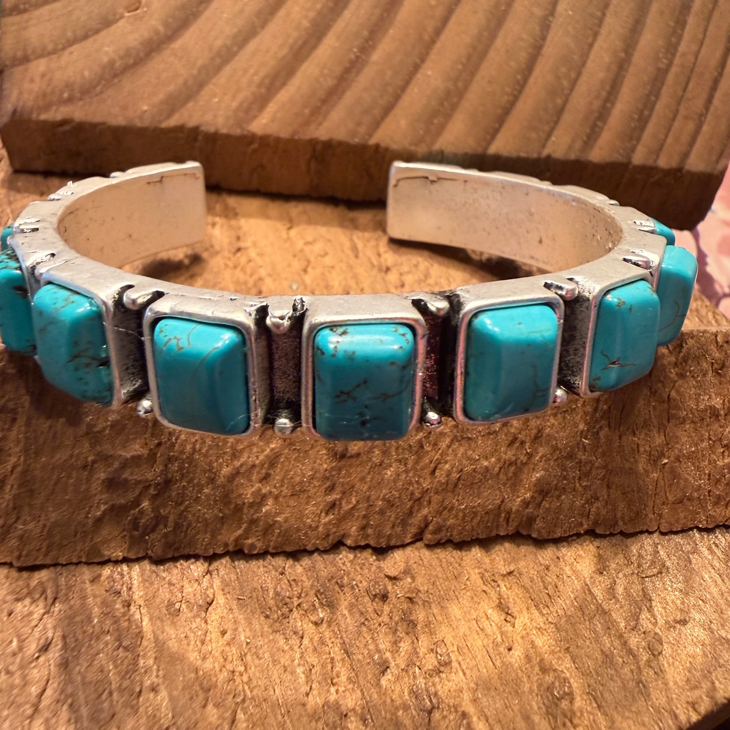 Southwestern Navajo Style Square Turquoise Stone Mixed Metals Bangle Bracelet Silver Elegant