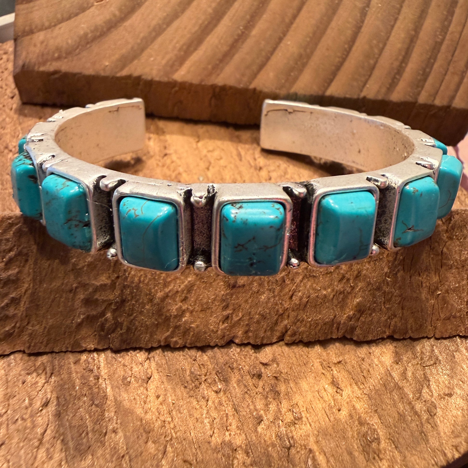 Southwestern Navajo Style Square Turquoise Stone Mixed Metals Bangle Bracelet Silver Elegant