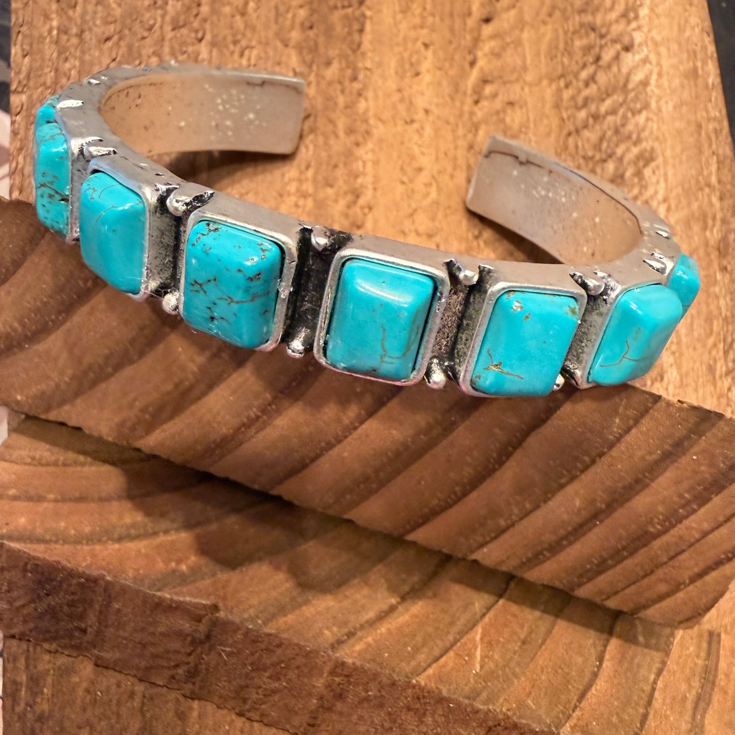 Southwestern Navajo Style Square Turquoise Stone Mixed Metals Bangle Bracelet Silver Elegant