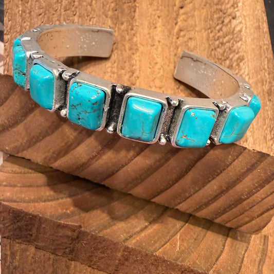 Southwestern Navajo Style Square Turquoise Stone Mixed Metals Bangle Bracelet Silver Elegant