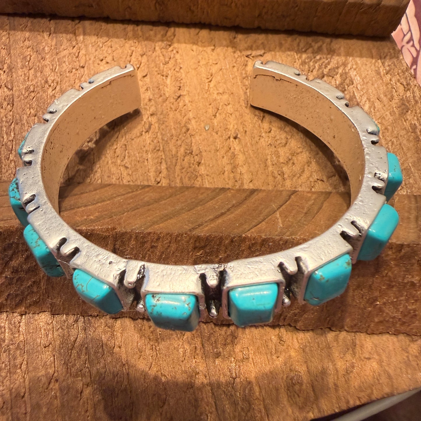 Southwestern Navajo Style Square Turquoise Stone Mixed Metals Bangle Bracelet Silver Elegant