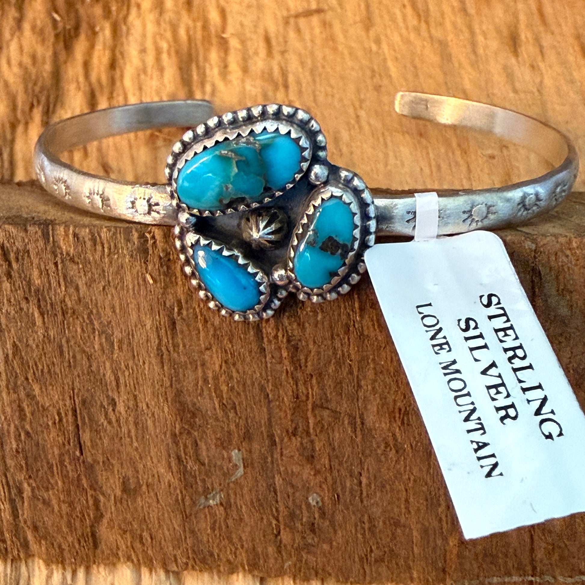 Navajo Style Lone Mountain Turquoise Cluster Sterling Silver Cuff Bangle Adjustable Wild West Boho
