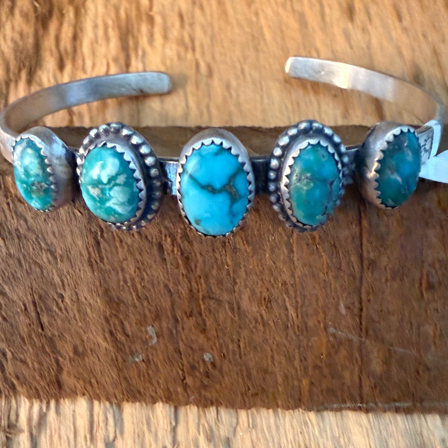 Navajo Style Lone Mountain Turquoise Five Stone Sterling Cuff Bracelet Adjustable Wild West Boho