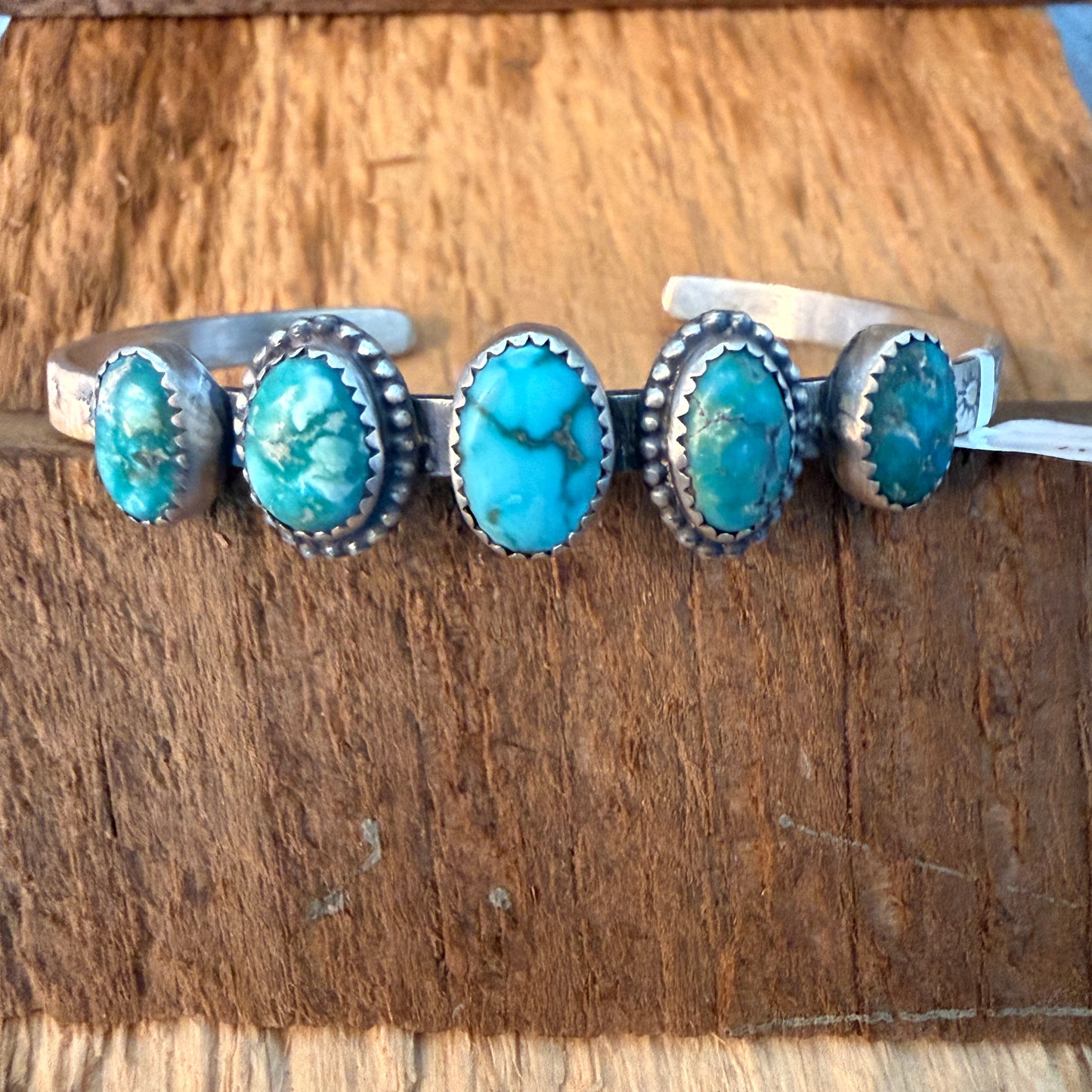 Navajo Style Lone Mountain Turquoise Five Stone Sterling Cuff Bracelet Adjustable Wild West Boho
