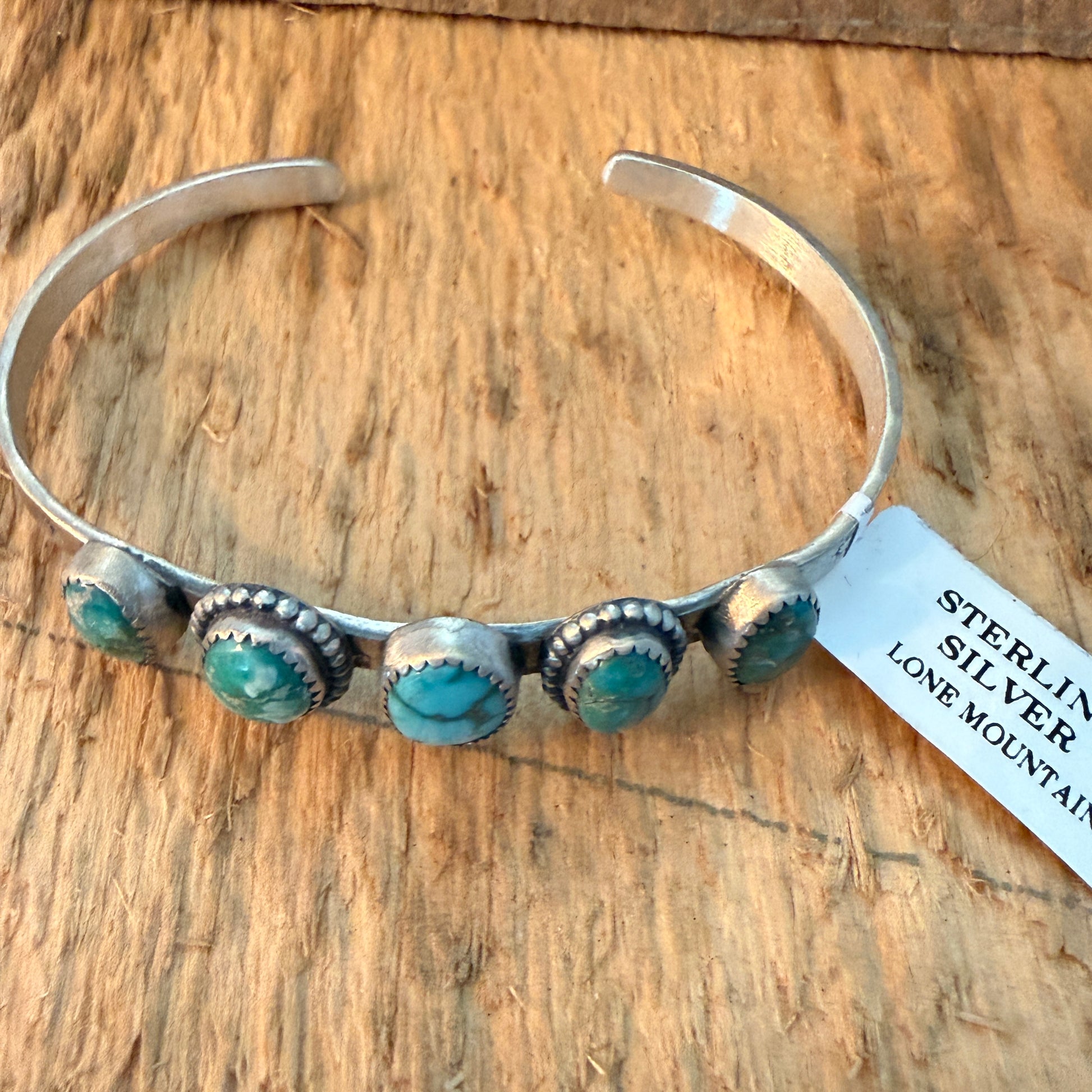 Navajo Style Lone Mountain Turquoise Five Stone Sterling Cuff Bracelet Adjustable Wild West Boho