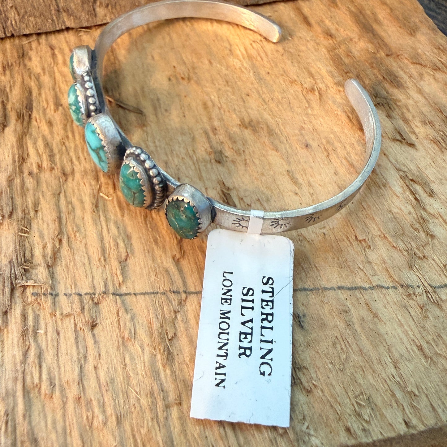 Navajo Style Lone Mountain Turquoise Five Stone Sterling Cuff Bracelet Adjustable Wild West Boho