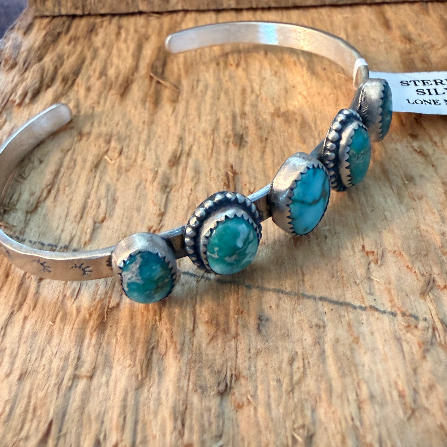 Navajo Style Lone Mountain Turquoise Five Stone Sterling Cuff Bracelet Adjustable Wild West Boho