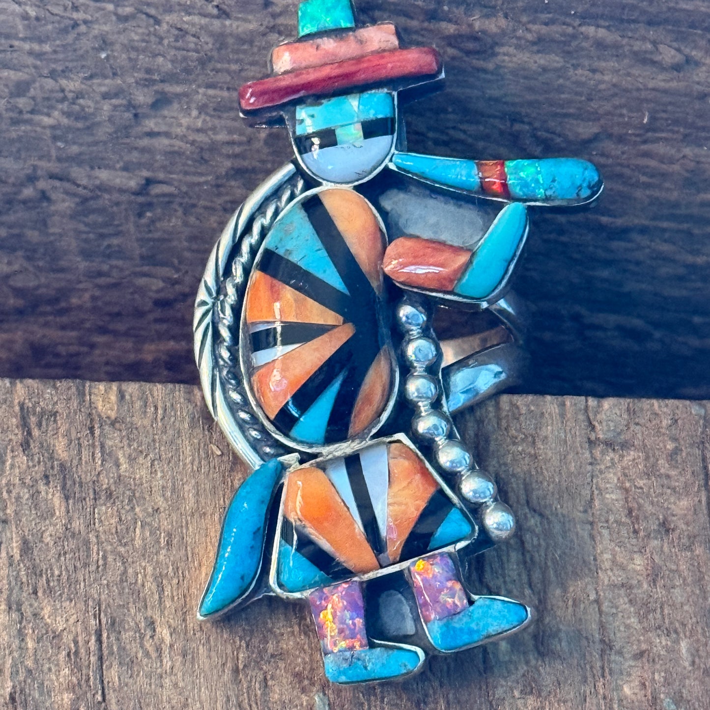 Native Inspired Turquoise Inlay Colorful Ring In 925 Sterling Silver Adjustable, 2 Inch Wild West Boho